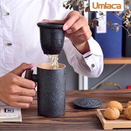 Mugs Retro Vintage Ceramic Coffee Mug Tumbler Wood Handle Water Tea Cup Drainer Filterable Teacup Rust Glaze Leak Drinkware