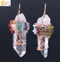 CSJA Men Big Gemstone Pendant Women Natural White Crystal Quartz 7 Chakra Tree of Life Rose Gold Handmade Wire Wrapped Necklace Ch3147812