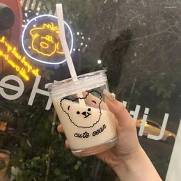 Mugs 400ml Cartoon Bear Glass Mug With Straw Lid Fashion Tumbler Heat-Resistant Water Bottle Cup Drinkware Couple Coffee