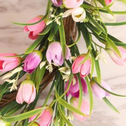 Decorative Flowers Tulip Wreath Realistic Looking Fade-Resistant Flower Fake Spring With Green Leaves Garden Supplies