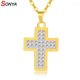 Pendant Necklaces SONYA Stainless Steel Cross Necklace Religious Jewelry Gold Color Crystal Men Women Charm Bijoux Femme