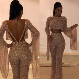 Hot Sell Sequin Two Pieces Prom Dresses Sheath Long Sleeves Plus Size Formal Dresses Party Evening Gowns Custom Made Pants Suits BC0240 277r