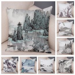 Pillow Case Short Plush Chinese Ink Scenic 45 Cm Cover For Sofa Home Decorative Printed Flowers Throw Pillowcase