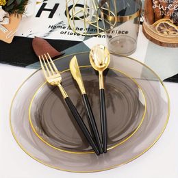 Bowls 180pcs Dinnerware Sets Black Plastic Set Clear Plates With Golden Rim 30 Dessert Pla