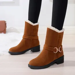 Boots Women's Winter Snow Belt Buckle Thick-heeled Women Casual Cotton Shoes 2024 Female Low Heels