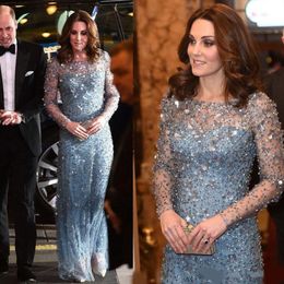 KATE MIDDLETON Same Style Crystal Long Evening Dress Light Blue Jewel Sheer Neck Long Sleeve Prom Gowns Floor Length Formal Occasion Dr 230l