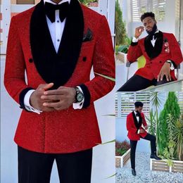 New Glitter Red Sequins Mens Tuxedos Groom Wear Wedding Blazer Suits Formal Business Prom Pants Coat Jacket 3 Pieces 300d