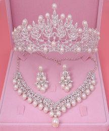 Earrings Necklace Bride Crystal Pearl Costume Jewelery Sets Rhinestone Choker Tiara Bridal Women Pageant Wedding Jewellery SetEarr9527944