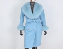 BLUENESSFAIR Cashmere Wool Blends Real Fur Coat Double Breasted Winter Jacket Women Big Natural Fox Fur Collar Outerwear 2011024394144