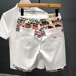 Summer Denim Shorts Mens Stitching Embroidery Ripped Knee-length Shorts White Black Retro Blue Fashion High Quality Jeans 240511