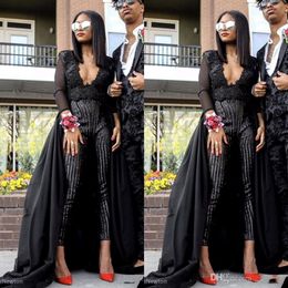 2019 Sexy Prom Dresses Stunning Jumpsuit Black Evening Wear Long Sleeves Sequins Beaded Prom Gowns With Detachable Train Custom Made 2061