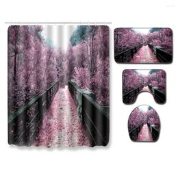 Shower Curtains Natural Forest Park Wooden DBridge Flower Plant Landscape Curtain Set Non-slip Carpet Home Decoration