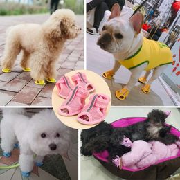 4PCS Pink Nonslip Summer Dog Shoes Breathable Sandals for Small Dogs Pet Socks Sneakers Puppy Cat boots 240428