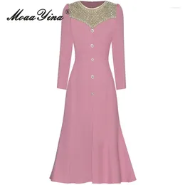 Casual Dresses MoaaYina Summer Fashion Designer Pink Vintage Party Dress Women's O Neck Diamond Beading Button High Waist Slim Slit Midi