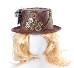 Steampunk Retro Hats Carnival Cosplay Bowler Gear Chain Feather Decor Party Caps Halloween Brown Round Top Hats For Men Women T2008451315