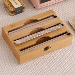 3-in-1 bamboo packaging dispenser storage for Aluminium foil with cutter cling film holder kitchen accessory Organiser 240506