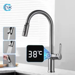 Kitchen Faucets LED Temperature Display Faucet Pull Out 3 Modes Sink Brass Cold Water Mixer Tap Deck Mounted Taps