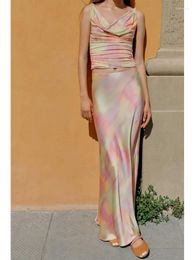 Work Dresses Summer Women's Sleeveless Open Back Slim Pleated Blouse High Waist Skirt Fashion Tie-dyed Silk Satin Fishtail