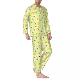 Home Clothing Pajamas Men Pastel Dragonfly Night Nightwear Colorful Animal 2 Pieces Vintage Pajama Sets Long-Sleeve Soft Oversized Suit