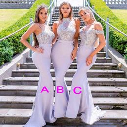 Mixed Styles Mermaid Bridesmaid Dresses Lavender Beads Appliques Lace Maid of Honor Dress Off The Shoulder Halter Straps Wedding Guest 241I