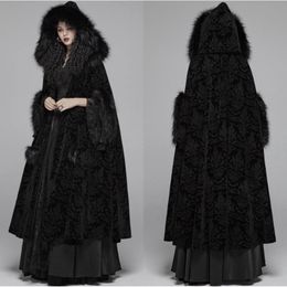 Black Fur Winter Cloak Cape Hooded with Print Trim Long Bridal Wraps & Jackets Special Party Banquet Gothic Wrap Wedding Bride Wear 240Z