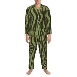 Home Clothing Moss Green Sleepwear Autumn Stripes Animal Print Vintage Oversize Pajama Set Men Long-Sleeve Fashion Leisure Design Nightwear