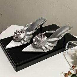 Satin Flowers Slippers Fashions Pointed Pumps Open Toe Fine High Heel Slingback Sandals Women