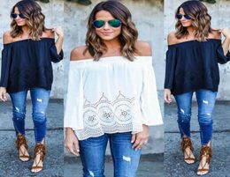 Womens White Lace Chiffon T Shirts Casual Loose Shirts Sexy Off Shoulder Long Sleeve Tops Boho Cover Up S2XL9713807