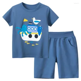 Clothing Sets 2024 Summer Boys Casual Steamer Print Short Sleeve Cotton Tops Sport Shorts Children's Beach Kid Outfit 2PCS