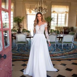Long Sleeves Wedding Dresses For Woman 2023 Beach Lace Appliques Bridal Gown Chiffon Wedding Dresses SummerWhite Lvory Romantic Buttons 2210