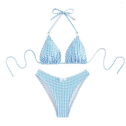 Women's Swimwear Women Fairycore Summer Sweet Bikini Set Plaid Print Tie-Up Bra With Bow Low Waist Thong Swimsuit Bathing Suit