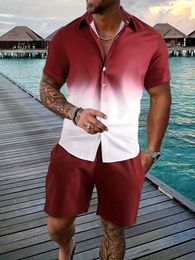 Men's Tracksuits Summer mens shirt set 3D printed graduation stripe short sleeved casual shirt oversized beach shorts Hawaii mens setL2405