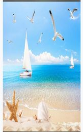 Customised 3d mural wallpaper po wall paper Beach sailing boat seagull coconut tree sea shell seascape landscape 3d background 8555351