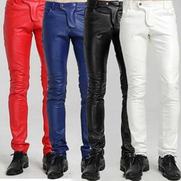 Men's Pants Idopy Quality PU Winter Line Sexy Red Slim Fit Mens Pants Motorcycle Black Tight Bike Trouser Leather Jogging BlueL2405