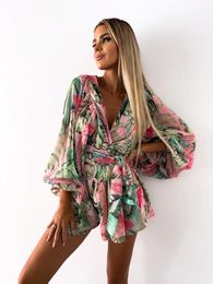 Sexy Deep V Neck Jumpsuit For Women Summer Casual Boho Beach Vacation Outfit Fashion Print Lantern Sleeve Rompers Shorts 240508