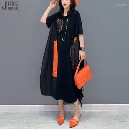Party Dresses Patches Design Draped Sides Summer Japanese Style Woman Black Pullover Dress Loose Fit Big Size Casual Large Robe JJXD453