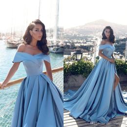 Burgundy Baby Blue Prom Dresses Off Shoulder Backless Plus Size Side Split Evening Dress Pleats Long Sweep Train Arabic Dresses Party G 275M