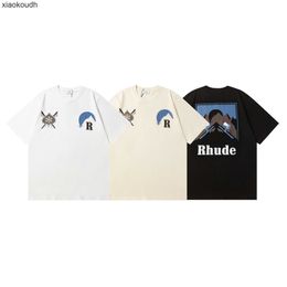 Rhude High end designer T-shirts for 24S Fashion Micro Sunset Snow Mountain Printed Short sleeved T-shirt for Men and Women High Street Half Sleeves With 1:1 original tag