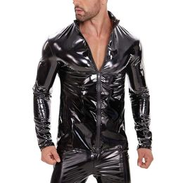 Mens Plus Size Glossy Shirts Long Sleeve Full Zipper Wetlook Leather Windbreaker Jacket Male Stand Collar Casual Coats Catsuit Costumes