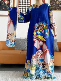 Ethnic Clothing New African Women Long Slve Ethnic Print Dashiki Cotton Floral Dress Printing Loose Caftan Dress with Scarf Casual Vestido T240510