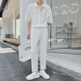 Summer Pleated Sets Men Fashion BlackWhite Casual Ice Silk Suit Korean Shortsleeved ShirtTrousers Twopiece Mens Set 240507