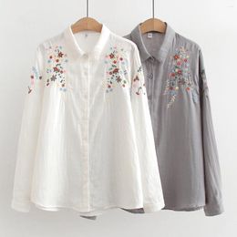 Women's Blouses Elegant 2024 Long Sleeve Hand-made Embroider Shirts Women Japan Fashion Cotton Yarn Grey Ladies Tops