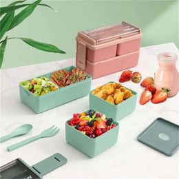 Dinnerware 1Pc Double Layer Portable Lunch Box For Kids With Fork And Spoon Microwave Bento Boxes Set Storage Container