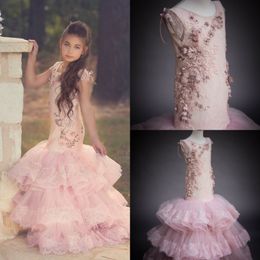Chic Mermaid Flower Girl Dresses 3D Floral Appliqued Jewel Neck Pearl Girls Pageant Dress Little Kids Wedding Gowns Beautiful Party Wea 264W