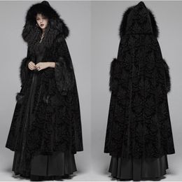 Black Fur Winter Cloak Cape Hooded with Print Trim Long Bridal Wraps & Jackets Special Party Banquet Gothic Wrap Wedding Bride Wear 2754