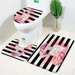 Bath Mats Pink Perfumed Mat Set Watercolour Flower Black White Stripe Modern Fashion Carpet Bathroom Decor Floor Rug Toilet Lid Cover