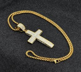 Religion Gold Colour Iced Out Necklace Paving Cz Stainless Steel Crucifix Pendants Necklaces Jewellery Men Wome3005186