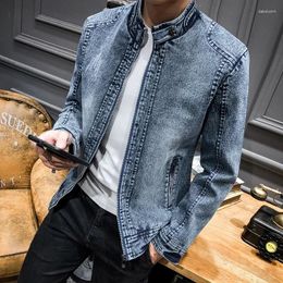 Men's Jackets Mens Blue Retro Denim Jacket Casual Cotton Zip Up Long Sleeve Stand Collar Oversize 3xl 4xl Boys Slim Fit Vintage Coat