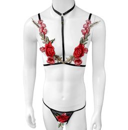 Sissy embroidery Floral Bikinis Set Adjustable halter Bra Sexy Lingerie Thong Panties Sets For Sissy Mens Home wear4393839