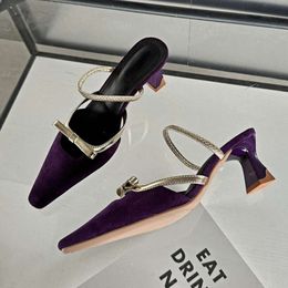 Pointed Toe Pumps Women Mule Bow Fine Slingback Sandals Female Fashion Brand Purple Slippers High Heel Mules